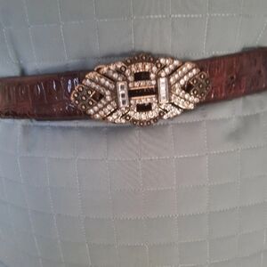 Steven Madden Belt Med 34 In Brown  Pebble Leather Oval Buckle Rhinestones